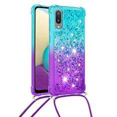 Silikon Hülle Handyhülle Gummi Schutzhülle Flexible Tasche Bling-Bling mit Schlüsselband Lanyard S01 für Samsung Galaxy M02 Hellblau