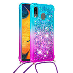 Silikon Hülle Handyhülle Gummi Schutzhülle Flexible Tasche Bling-Bling mit Schlüsselband Lanyard S01 für Samsung Galaxy M10S Hellblau