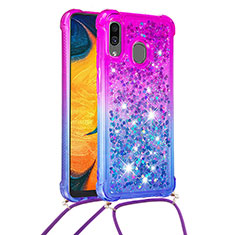 Silikon Hülle Handyhülle Gummi Schutzhülle Flexible Tasche Bling-Bling mit Schlüsselband Lanyard S01 für Samsung Galaxy M10S Violett