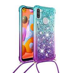 Silikon Hülle Handyhülle Gummi Schutzhülle Flexible Tasche Bling-Bling mit Schlüsselband Lanyard S01 für Samsung Galaxy M11 Hellblau