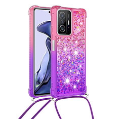 Silikon Hülle Handyhülle Gummi Schutzhülle Flexible Tasche Bling-Bling mit Schlüsselband Lanyard S01 für Xiaomi Mi 11T Pro 5G Pink