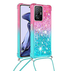 Silikon Hülle Handyhülle Gummi Schutzhülle Flexible Tasche Bling-Bling mit Schlüsselband Lanyard S01 für Xiaomi Mi 11T Pro 5G Rosa