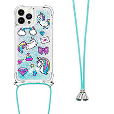 Silikon Hülle Handyhülle Gummi Schutzhülle Flexible Tasche Bling-Bling mit Schlüsselband Lanyard S02 für Apple iPhone 13 Pro Hellblau