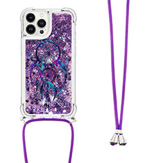 Silikon Hülle Handyhülle Gummi Schutzhülle Flexible Tasche Bling-Bling mit Schlüsselband Lanyard S02 für Apple iPhone 13 Pro Violett