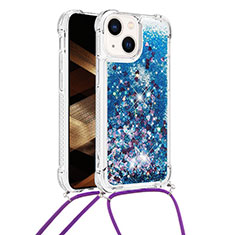 Silikon Hülle Handyhülle Gummi Schutzhülle Flexible Tasche Bling-Bling mit Schlüsselband Lanyard S02 für Apple iPhone 14 Blau