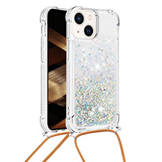 Silikon Hülle Handyhülle Gummi Schutzhülle Flexible Tasche Bling-Bling mit Schlüsselband Lanyard S02 für Apple iPhone 14 Plus Silber