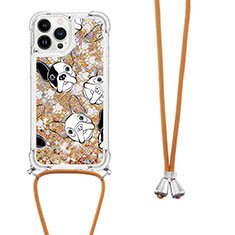 Silikon Hülle Handyhülle Gummi Schutzhülle Flexible Tasche Bling-Bling mit Schlüsselband Lanyard S02 für Apple iPhone 14 Pro Gold