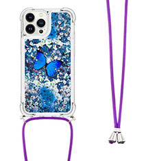 Silikon Hülle Handyhülle Gummi Schutzhülle Flexible Tasche Bling-Bling mit Schlüsselband Lanyard S02 für Apple iPhone 14 Pro Max Blau