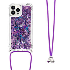 Silikon Hülle Handyhülle Gummi Schutzhülle Flexible Tasche Bling-Bling mit Schlüsselband Lanyard S02 für Apple iPhone 14 Pro Max Violett