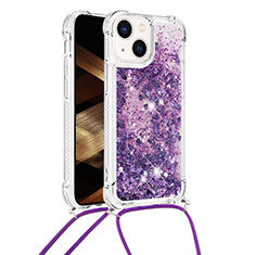 Silikon Hülle Handyhülle Gummi Schutzhülle Flexible Tasche Bling-Bling mit Schlüsselband Lanyard S02 für Apple iPhone 14 Violett