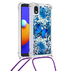 Silikon Hülle Handyhülle Gummi Schutzhülle Flexible Tasche Bling-Bling mit Schlüsselband Lanyard S02 für Samsung Galaxy A01 Core Blau