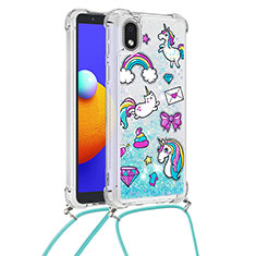 Silikon Hülle Handyhülle Gummi Schutzhülle Flexible Tasche Bling-Bling mit Schlüsselband Lanyard S02 für Samsung Galaxy A01 Core Hellblau