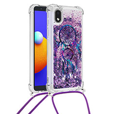 Silikon Hülle Handyhülle Gummi Schutzhülle Flexible Tasche Bling-Bling mit Schlüsselband Lanyard S02 für Samsung Galaxy A01 Core Violett