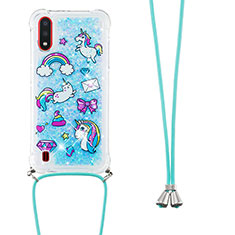 Silikon Hülle Handyhülle Gummi Schutzhülle Flexible Tasche Bling-Bling mit Schlüsselband Lanyard S02 für Samsung Galaxy A01 SM-A015 Hellblau