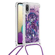 Silikon Hülle Handyhülle Gummi Schutzhülle Flexible Tasche Bling-Bling mit Schlüsselband Lanyard S02 für Samsung Galaxy A02 Violett