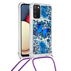 Silikon Hülle Handyhülle Gummi Schutzhülle Flexible Tasche Bling-Bling mit Schlüsselband Lanyard S02 für Samsung Galaxy A03s Blau