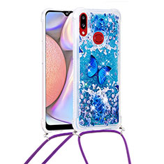 Silikon Hülle Handyhülle Gummi Schutzhülle Flexible Tasche Bling-Bling mit Schlüsselband Lanyard S02 für Samsung Galaxy A10s Blau