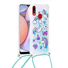 Silikon Hülle Handyhülle Gummi Schutzhülle Flexible Tasche Bling-Bling mit Schlüsselband Lanyard S02 für Samsung Galaxy A10s Hellblau