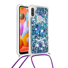 Silikon Hülle Handyhülle Gummi Schutzhülle Flexible Tasche Bling-Bling mit Schlüsselband Lanyard S02 für Samsung Galaxy A11 Blau