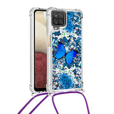 Silikon Hülle Handyhülle Gummi Schutzhülle Flexible Tasche Bling-Bling mit Schlüsselband Lanyard S02 für Samsung Galaxy A12 5G Blau