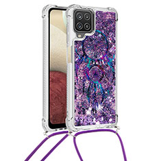 Silikon Hülle Handyhülle Gummi Schutzhülle Flexible Tasche Bling-Bling mit Schlüsselband Lanyard S02 für Samsung Galaxy A12 Violett