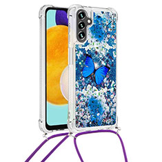 Silikon Hülle Handyhülle Gummi Schutzhülle Flexible Tasche Bling-Bling mit Schlüsselband Lanyard S02 für Samsung Galaxy A13 5G Blau