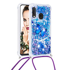 Silikon Hülle Handyhülle Gummi Schutzhülle Flexible Tasche Bling-Bling mit Schlüsselband Lanyard S02 für Samsung Galaxy A20e Blau