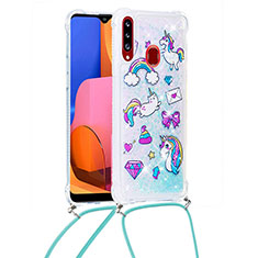 Silikon Hülle Handyhülle Gummi Schutzhülle Flexible Tasche Bling-Bling mit Schlüsselband Lanyard S02 für Samsung Galaxy A20s Hellblau