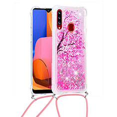 Silikon Hülle Handyhülle Gummi Schutzhülle Flexible Tasche Bling-Bling mit Schlüsselband Lanyard S02 für Samsung Galaxy A20s Pink