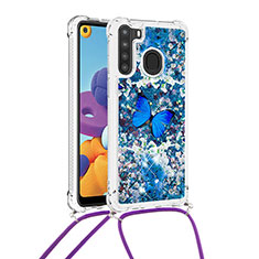 Silikon Hülle Handyhülle Gummi Schutzhülle Flexible Tasche Bling-Bling mit Schlüsselband Lanyard S02 für Samsung Galaxy A21 Blau