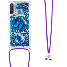 Silikon Hülle Handyhülle Gummi Schutzhülle Flexible Tasche Bling-Bling mit Schlüsselband Lanyard S02 für Samsung Galaxy A21 European Blau