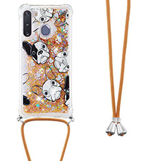 Silikon Hülle Handyhülle Gummi Schutzhülle Flexible Tasche Bling-Bling mit Schlüsselband Lanyard S02 für Samsung Galaxy A21 European Gold