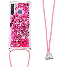 Silikon Hülle Handyhülle Gummi Schutzhülle Flexible Tasche Bling-Bling mit Schlüsselband Lanyard S02 für Samsung Galaxy A21 European Pink