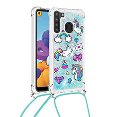 Silikon Hülle Handyhülle Gummi Schutzhülle Flexible Tasche Bling-Bling mit Schlüsselband Lanyard S02 für Samsung Galaxy A21 Hellblau