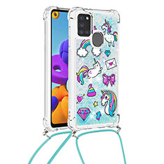 Silikon Hülle Handyhülle Gummi Schutzhülle Flexible Tasche Bling-Bling mit Schlüsselband Lanyard S02 für Samsung Galaxy A21s Hellblau