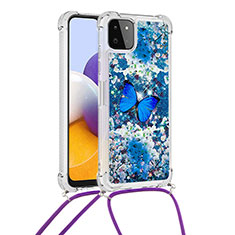 Silikon Hülle Handyhülle Gummi Schutzhülle Flexible Tasche Bling-Bling mit Schlüsselband Lanyard S02 für Samsung Galaxy A22 5G Blau