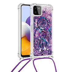 Silikon Hülle Handyhülle Gummi Schutzhülle Flexible Tasche Bling-Bling mit Schlüsselband Lanyard S02 für Samsung Galaxy A22 5G Violett