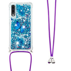 Silikon Hülle Handyhülle Gummi Schutzhülle Flexible Tasche Bling-Bling mit Schlüsselband Lanyard S02 für Samsung Galaxy A30S Blau