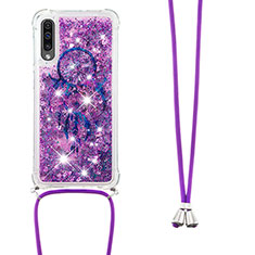 Silikon Hülle Handyhülle Gummi Schutzhülle Flexible Tasche Bling-Bling mit Schlüsselband Lanyard S02 für Samsung Galaxy A30S Violett