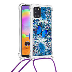 Silikon Hülle Handyhülle Gummi Schutzhülle Flexible Tasche Bling-Bling mit Schlüsselband Lanyard S02 für Samsung Galaxy A31 Blau