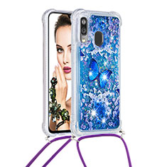 Silikon Hülle Handyhülle Gummi Schutzhülle Flexible Tasche Bling-Bling mit Schlüsselband Lanyard S02 für Samsung Galaxy A40 Blau