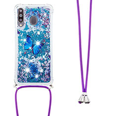 Silikon Hülle Handyhülle Gummi Schutzhülle Flexible Tasche Bling-Bling mit Schlüsselband Lanyard S02 für Samsung Galaxy A40s Blau