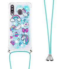 Silikon Hülle Handyhülle Gummi Schutzhülle Flexible Tasche Bling-Bling mit Schlüsselband Lanyard S02 für Samsung Galaxy A40s Hellblau