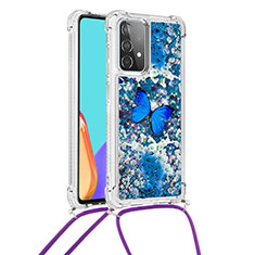 Silikon Hülle Handyhülle Gummi Schutzhülle Flexible Tasche Bling-Bling mit Schlüsselband Lanyard S02 für Samsung Galaxy A52 5G Blau