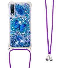 Silikon Hülle Handyhülle Gummi Schutzhülle Flexible Tasche Bling-Bling mit Schlüsselband Lanyard S02 für Samsung Galaxy A7 (2018) A750 Blau