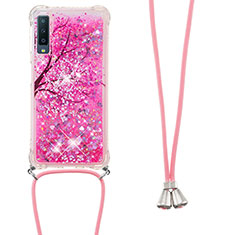 Silikon Hülle Handyhülle Gummi Schutzhülle Flexible Tasche Bling-Bling mit Schlüsselband Lanyard S02 für Samsung Galaxy A7 (2018) A750 Pink