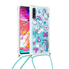 Silikon Hülle Handyhülle Gummi Schutzhülle Flexible Tasche Bling-Bling mit Schlüsselband Lanyard S02 für Samsung Galaxy A70 Hellblau