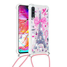 Silikon Hülle Handyhülle Gummi Schutzhülle Flexible Tasche Bling-Bling mit Schlüsselband Lanyard S02 für Samsung Galaxy A70S Rosa