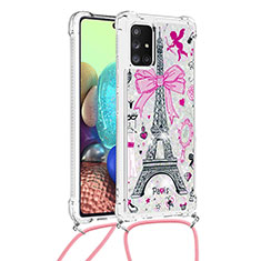 Silikon Hülle Handyhülle Gummi Schutzhülle Flexible Tasche Bling-Bling mit Schlüsselband Lanyard S02 für Samsung Galaxy A71 4G A715 Rosa