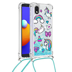 Silikon Hülle Handyhülle Gummi Schutzhülle Flexible Tasche Bling-Bling mit Schlüsselband Lanyard S02 für Samsung Galaxy M01 Core Hellblau